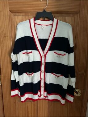 Vici Navy, White & Red Striped Button Front Cardigan